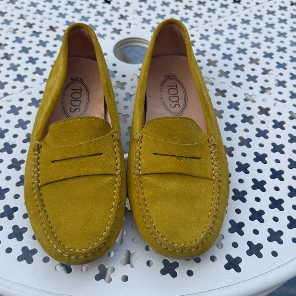 Tod's Mustard Yellow Suede Penny Loafers